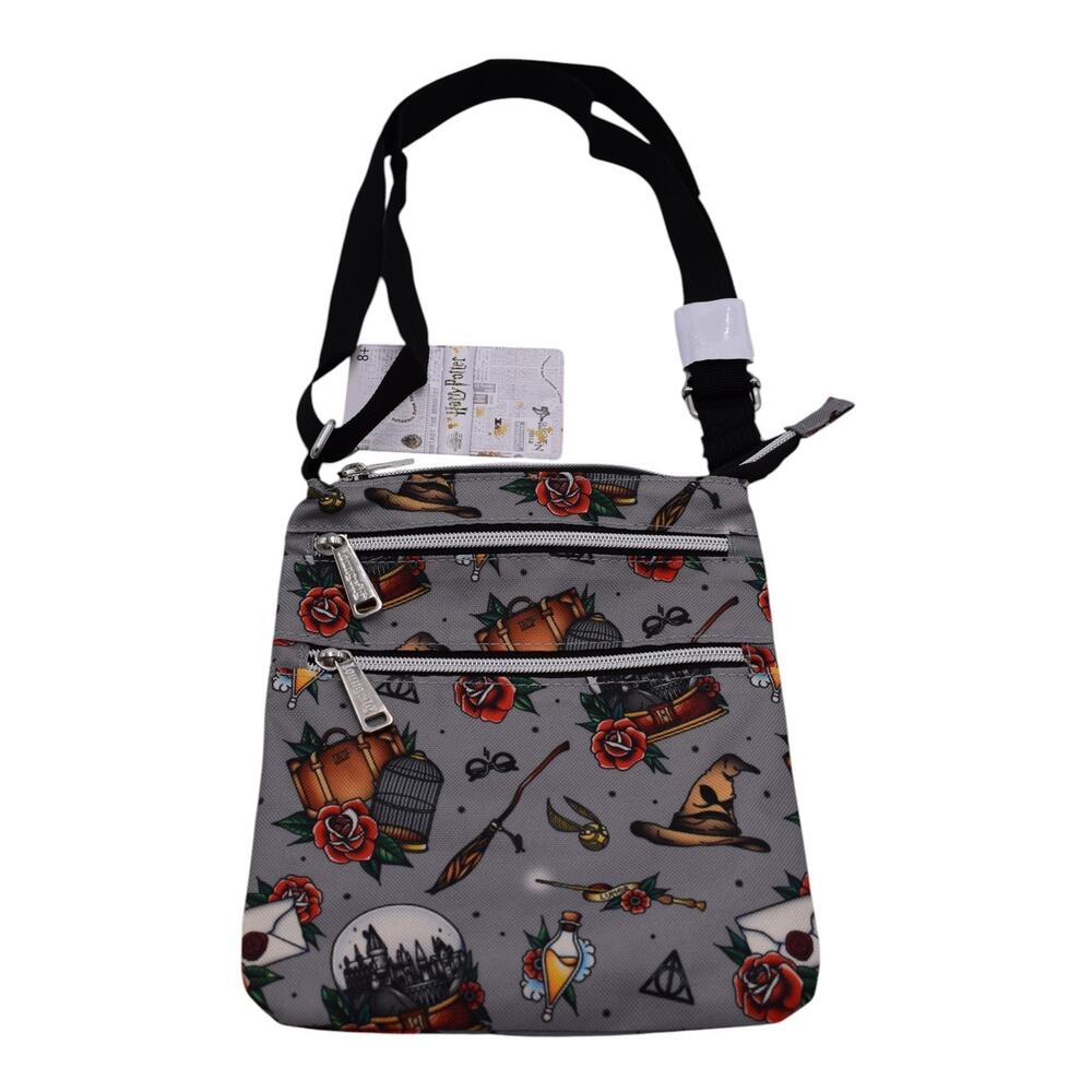 NWT LOUNGEFLY Harry Potter Tattoo Print Hogwarts Crossbody Bag Purse Gray 9x8